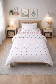 Resim Evmila Minik Kalpler Desenli Nevresim Takımı - 160x220cm Nevresim +50x70cm Yastık Kılıfı+100x200cm Çarşaf 