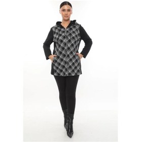 Resim Lady Majestic Ekose Kapüşonlu Fermuarlı Büyük Beden Spor Şık Hırka Siyah 