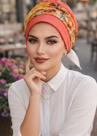 Resim Aişe tesettür Mercan Turuncu Bantlı Hazır Bone 