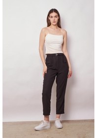 Resim JUMENT Keten Yüksek Bel Pileli Beli Lastikli Kemerli Boyfriend Pantolon-siyah 
