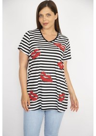 Resim Kadın Siyah Büyük Beden Taş Detaylı V Yakalı Çizgili Bluz-siyah Siyah 