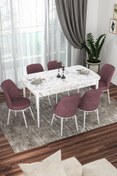 Resim Canisa Concept Via Serisi 80x132 Açılabilir Mutfak Masası Takımı Beyaz Mermer Desen Masa 6 Gül Kurusu Sandalye 