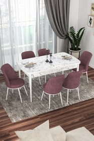 Resim Canisa Concept Via Serisi 80x132 Açılabilir Mutfak Masası Takımı Beyaz Mermer Desen Masa 6 Gül Kurusu Sandalye 