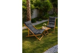 Resim Reyo Bysay Ahşap Katlanabilir Taşınır Puf Minderli Şezlong Balkon Sandalyesi Takımı 3 Lü Set Antrasit 