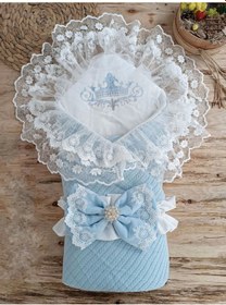 Resim Örgü Tericotton Taç Nakışlı İncili Güpür Çift Fiyonk Papatya Güpür Trilüks Kundak Bebek Battaniyesi Mavi 