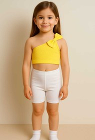 Resim HEREN BUTİK Kadın/Kız Çocuk Fiyonklu Tek Omuz Crop Bluz %100 Pamuklu Fitilli Esnek Kumaş Sarı 