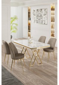 Resim Canisa Vals Serisi 80x130 Lak Panel Beyaz Mermer Desen Masa Takımı Gold Ayaklı 4 Cappucino Sandalye Beyaz Mermer Desen Masa Sandalyeler Cappucino 