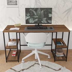 Resim Modern Çalışma Masası, Kitaplıklı, 140x50 cm, Ceviz-Siyah Metal, Ev ve Ofis için Bilgisayar Masası 