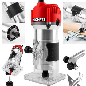 Resim Schatz Profesyonel 600W 6 Kademe Devir Ayarlı Formika Traşlama Freze Makinesi 6 mm Pens + 12 Adet Uç Kırmzı 