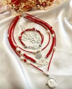 Resim Doğaltaş Gümüş Yaşam Çiçeği Lotus Çiçeği Sedef İnci Kök Mercan Kolye Kombin Bileklik ve Küpe Takı Set 