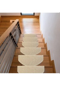 Resim Oval Bukle Halıdan Alınlıklı Basamak Ve Merdiven Paspası 16'lı - Bej Null 