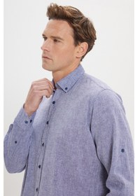 Resim AC&Co / Altınyıldız Classics Erkek Lacivert Comfort Fit Rahat Kesim Düğmeli Yaka Casual Keten Gömlek 4A2022200085LACXL Lacivert 