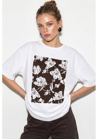 Resim Shade Kadın Bisiklet Yaka Çiçek Baskılı Oversize %100 Pamuklu T-shirt Öt100001 60286273 - Beyaz-kahve Beyaz - Kahverengi 