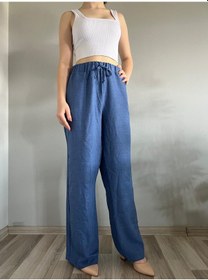 Resim Hazel Kadın Mavi Keten Karışımlı Bol Kesim Pantolon-mavi Mavi 