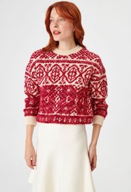 Resim Bisiklet Yaka Desenli Pamuklu Bordo Triko Kazak 