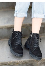 Resim EREN SHOES BAG (ASTARA) Gerçek Nubuk Deri İçi Ortopedik Tabanlı Tırtıklı Kaymaz Taban Bilek Bot Hakiki Deri Siyah 