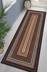 Resim Pelangi Renk Bloklu Kilim Desenli Etnik Dijital Baskı Yıkanabilir Modern Salon Halı ve Yolluk, Kahverengi 80 x 600, 9554613806007 