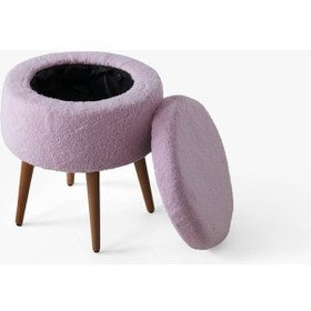 Resim Teddy Ahşap Ayaklı Sandıklı Yuvarlak Puf Makyaj Masası Pufu - Dekoratif Ayak Uzatma Pufu Pembe 