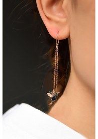 Resim 925 Ayar Gümüş Rose Kaplama Siyah Yeşil Taşlı Zincir Kuş Küpe UVPS301180-4 