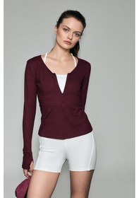Resim Grimelange Polunea Kadın V Yakalı Önü Fermuar Kapamalı Vücuda Oturan Slim Fit Bordo Bluz bordo 