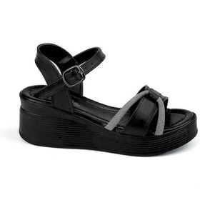 Resim Kadın Siyah Tokalı Taşlı Dolgu Topuklu Sandalet 6 Cm Rahat Yüksek Topuklu Flgs28 Siyah 