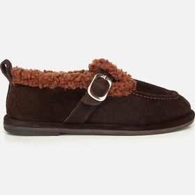 Resim Kadın Süet Deri Kahverengi İçi Kürklü Tokalı Günlük Loafer Kahverengi 