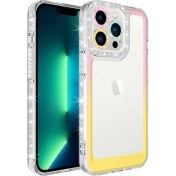 Resim Case 4U Apple iPhone 14 Pro Kılıf Simli ve Renk Geçiş Tasarımlı Lens Korumalı Park Kapak Pembe - Sarı 