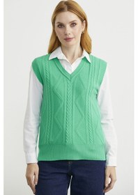 Resim V Yaka Motifli Triko Süveter - Yeşil Yeşil 