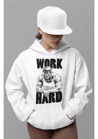 Resim Sevbano Tasarım Arnold Work Hard Bodybuilding Fitness Gym Baskılı Unisex beyaz 