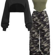 Resim 3 Parça Kadın Y2K Kamuflaj Desenli Takım - Oversize Kapüşonlu Kazak, Düz Yelek ve Uyumlu Pantolon Takımı, Tüm Mevsimler İçin Gündelik ve Yarı Resmi Kıyafet, Makinede Yıkanabilir Kamuflaj Desenli Kombin 