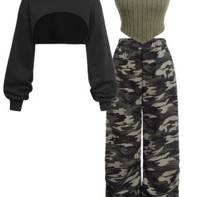 Resim 3 Parça Kadın Y2K Kamuflaj Desenli Takım - Oversize Kapüşonlu Kazak, Düz Yelek ve Uyumlu Pantolon Takımı, Tüm Mevsimler İçin Gündelik ve Yarı Resmi Kıyafet, Makinede Yıkanabilir Kamuflaj Desenli Kombin 