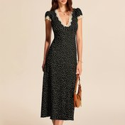 Resim Kadınların Zarif Polka Dot V-Yaka Elbisesi Ruffle Trim ile - Kısa Kollu, A-Line Midi Elbise Mavi ve Beyaz, Rahat veya Resmi Durumlar için Mükemmel, Rahat Şık Giyim | Ruffle Trim Elbise | Polyester Kumaş 