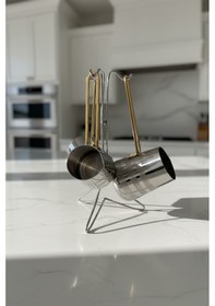 Resim Paslanmaz Çelik Gold Kulp Detaylı Desenli Cezve Takımı Standlı 