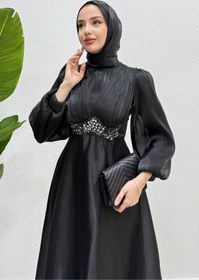 Resim Tesettür Diyarı Mosera Janjan Kumaş Beli Taşlı Tesettür Abiye- Siyah 