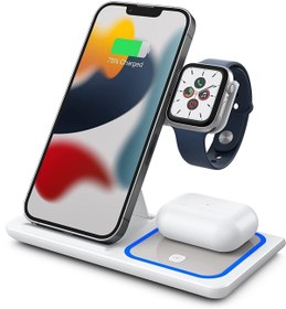 Resim wowacs 3 In 1 15w Hızlı Şarj Kablosuz Wireless Iphone Apple Watch Için Mavi Led Işıklı Şarj Standı 