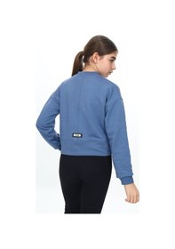 Resim Toontoy Kız Çocuk Kolej Yaka Fermuarlı Cepli Düşük Omuz Baskılı Örme Hırka - 3 İplik Şardunsuz İndigo 