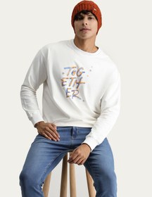 Resim Bej Bisiklet Yaka Baskılı Oversize Pamuk Sweatshirt 