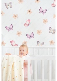 Resim MSticker Soft Renklerde Kelebekler Ve Çiçekler Çocuk Bebek Odası Cam Duvar Sticker Seti 