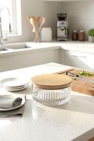 Resim Amandus Lavinya - Cam Kase Bambu Vakum Kapaklı Cam Çerezlik Kahvaltılık Kase 510 ml Şeffaf Tek Ebat 