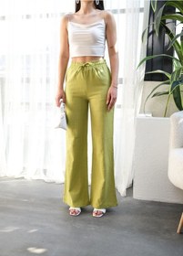 Resim Beli Lasti Kli Ve Bağcikli Keten Pantolon Yağ Yeşili 