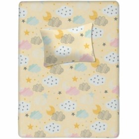 Resim %100 Pamuklu Bebek Lastikli Çarşaf 60x120+20 Bebek Yastık Kılıfı 35x45 Sarı-beyaz 