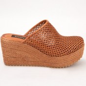 Resim Elile Shoes Kadın Kahverengi Hakiki Deri Jüt Topuk Kapalı Burun Terlik 