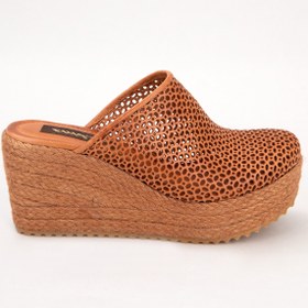 Resim Elile Shoes Kadın Kahverengi Hakiki Deri Jüt Topuk Kapalı Burun Terlik 