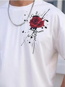 Resim Erkek Bisiklet Yaka Kısa Kol Baskılı T-shirt - Beyaz Siyah 