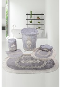 Resim Exclusive Gri 6 Parça Çeyizlik Banyo Seti Paspas Ve Sepet 