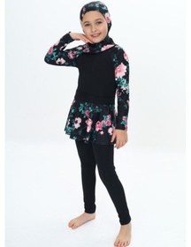 Resim My Kids Wear Üç Parça Kız Çocuk Haşema, Tesettür, Etekli, Kapalı Mayo Mercan - Pembe 