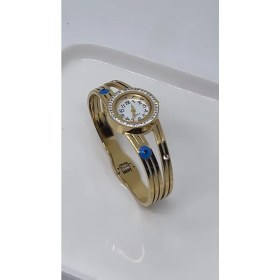 Resim Kaburga Model Nazar Boncuklu Zirkon Taşlı Gold Çelik Saat Kelepçe 