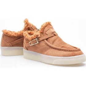 Resim Kadın Süet Loafer Ayakkabı Kürklü Tokalı Taba Selva Taba 