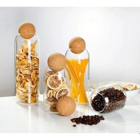 Resim 4'lü Top Mantar Kapaklı Cam Kavanoz Ve Baharatlık Seti Düz Şeffaf 