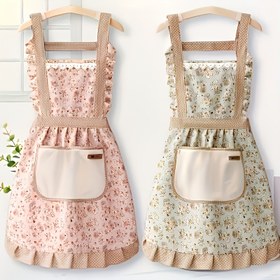 Resim 1 adet Çiçek Desenli Prenses Önlüğü - El Havlusu Cebi ile, Mutfak, Oturma Odası, Banyo Temizliği için İdeal, Polyester Kumaş, Akrilik Astar, Mutfak Önlüğü | Çiçek Desenli Önlük | Polyester Önlük 